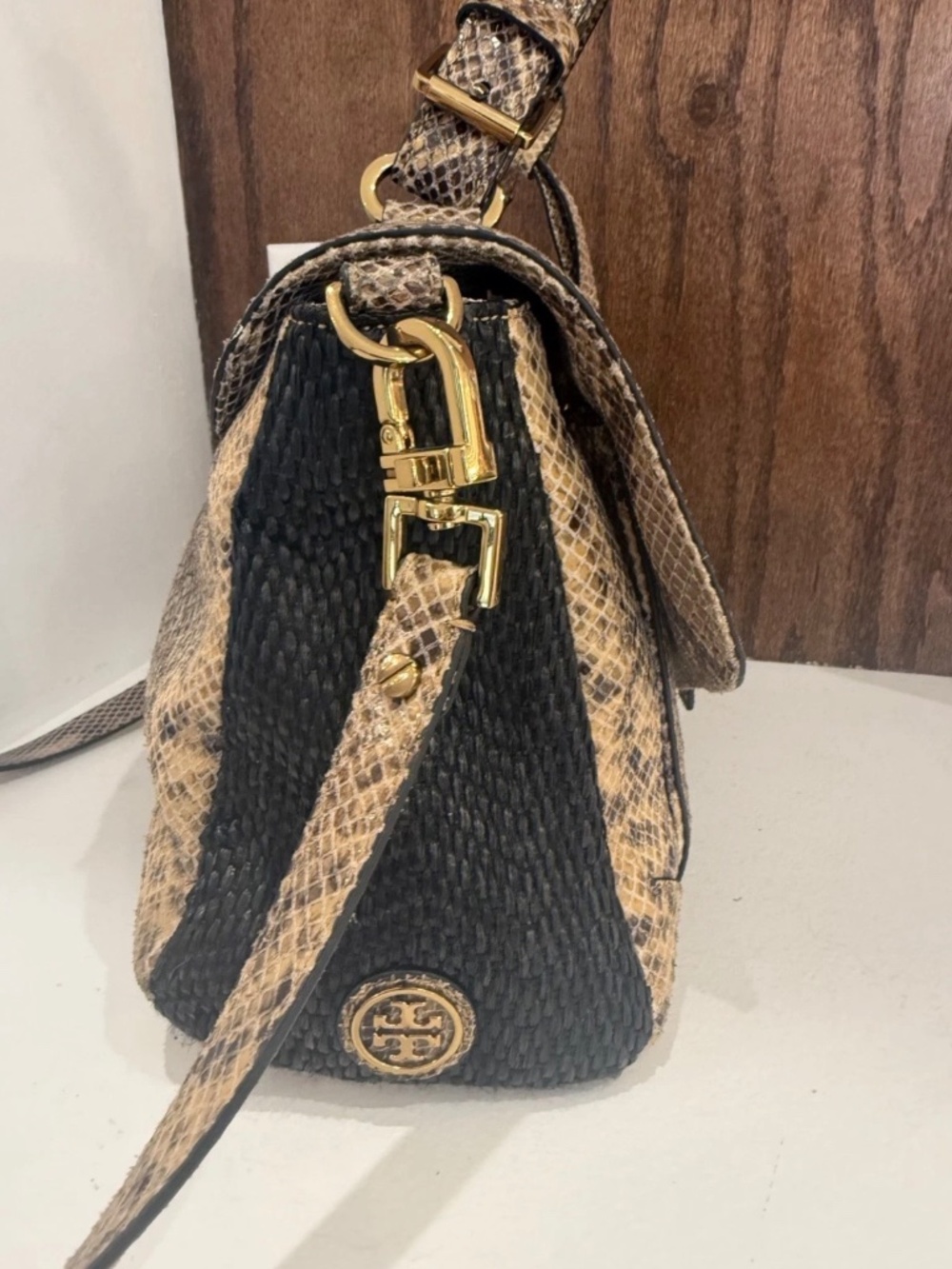 Tory Burch Black Woven and Snake-Print Brown Top Handle Shoulder Bag - Picture 7 of 16